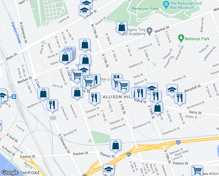 map of restaurants, bars, coffee shops, grocery stores, and more near 1544 Thompson Street in Harrisburg