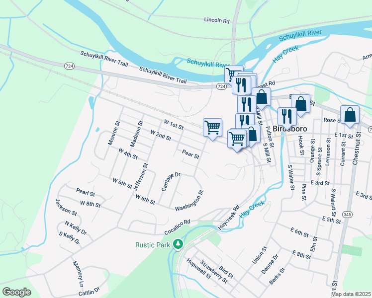 map of restaurants, bars, coffee shops, grocery stores, and more near 336 West 2nd Street in Birdsboro