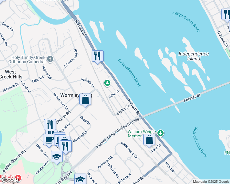 map of restaurants, bars, coffee shops, grocery stores, and more near 101 Edna Street in Wormleysburg
