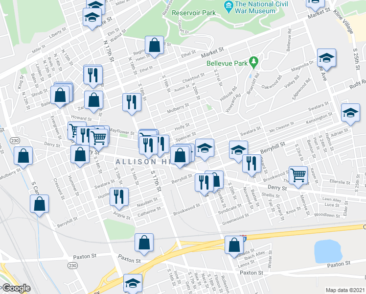 map of restaurants, bars, coffee shops, grocery stores, and more near 1839 Rudy Road in Harrisburg