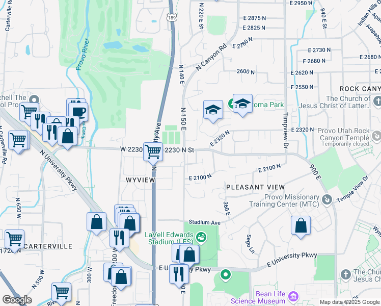 map of restaurants, bars, coffee shops, grocery stores, and more near 2210 North Canyon Road in Provo