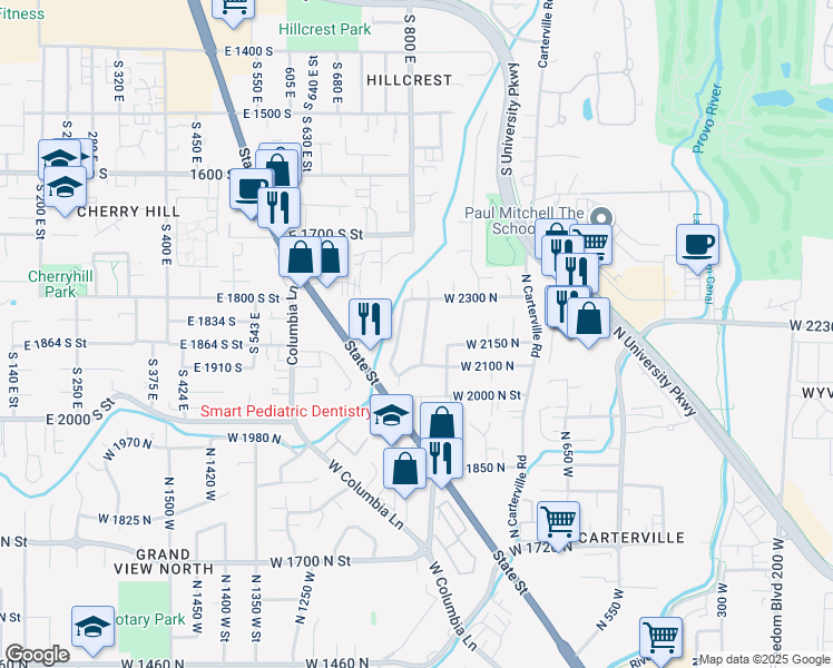 map of restaurants, bars, coffee shops, grocery stores, and more near 2142 North 1060 West in Provo
