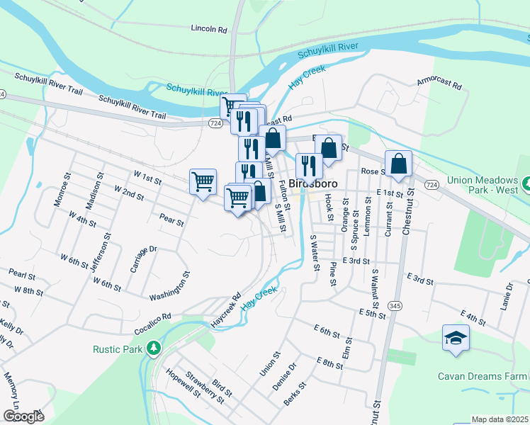 map of restaurants, bars, coffee shops, grocery stores, and more near 119 South Furnace Street in Birdsboro