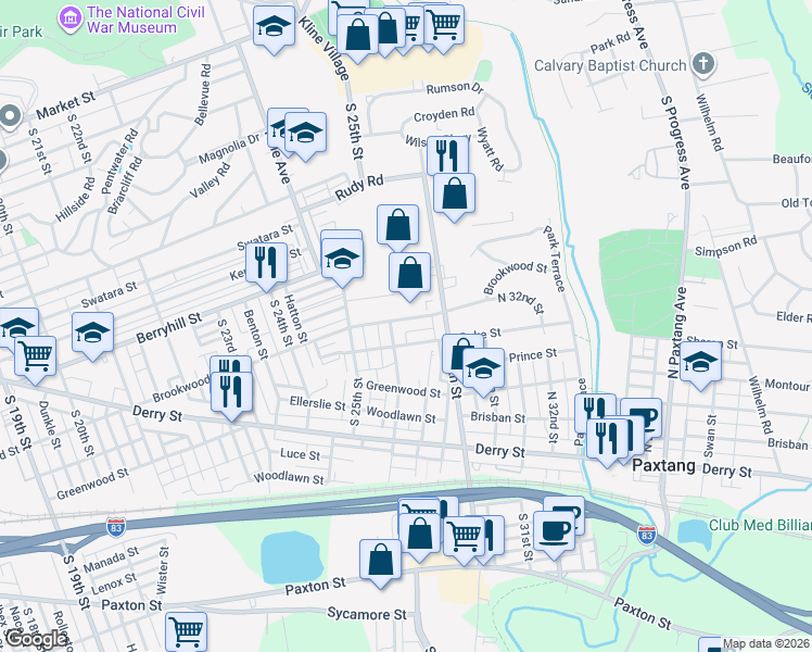 map of restaurants, bars, coffee shops, grocery stores, and more near 2610 Duke Street in Harrisburg