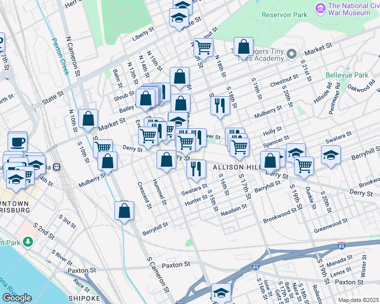 map of restaurants, bars, coffee shops, grocery stores, and more near 1426 Derry Street in Harrisburg