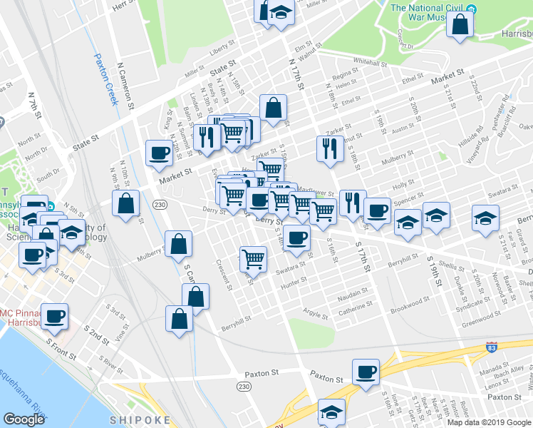 map of restaurants, bars, coffee shops, grocery stores, and more near 1334 Derry Street in Harrisburg