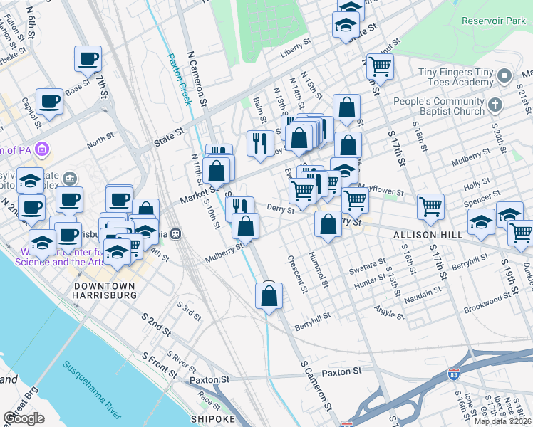 map of restaurants, bars, coffee shops, grocery stores, and more near in Harrisburg