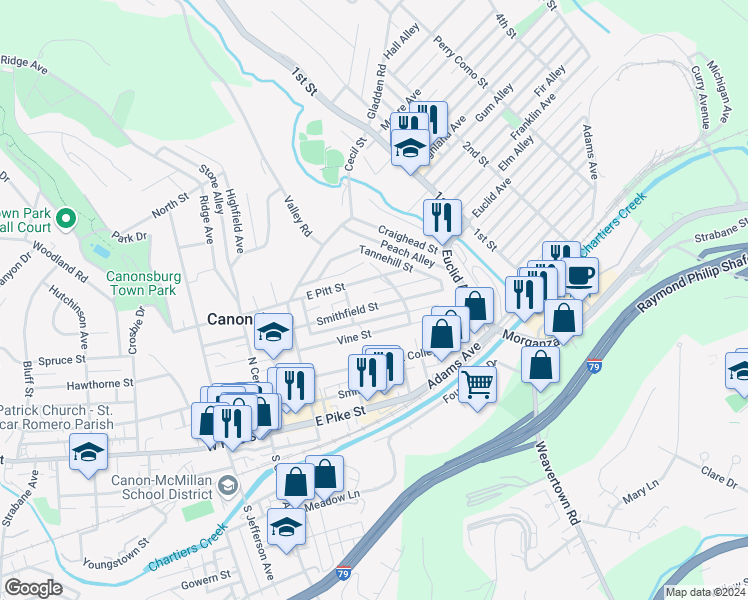 map of restaurants, bars, coffee shops, grocery stores, and more near 205 Smithfield Street in Canonsburg