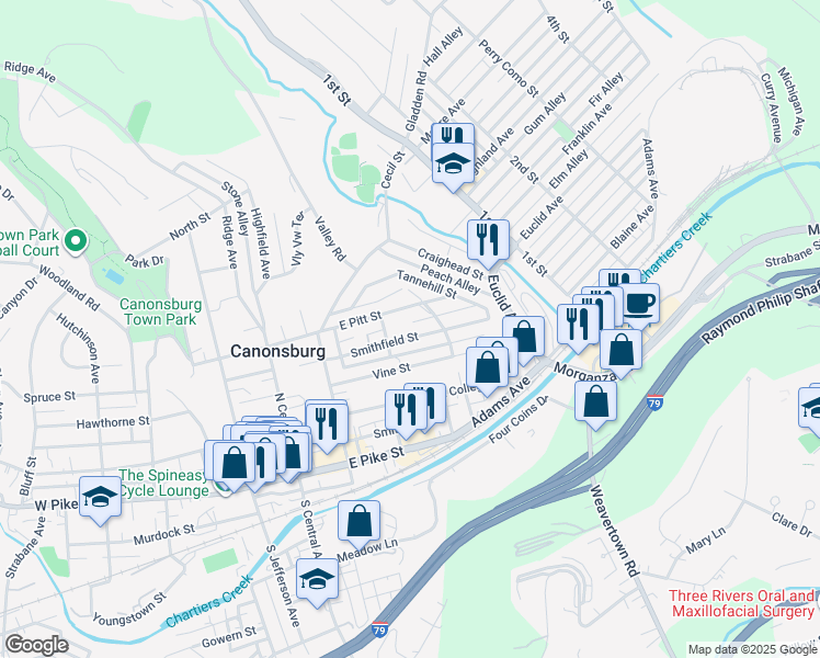map of restaurants, bars, coffee shops, grocery stores, and more near 205 Smithfield Street in Canonsburg