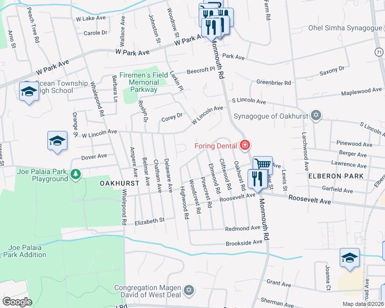 map of restaurants, bars, coffee shops, grocery stores, and more near 453 Harnell Avenue in Ocean Township