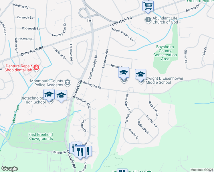 map of restaurants, bars, coffee shops, grocery stores, and more near 257 Burlington Road in Freehold