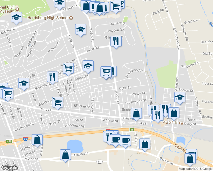 map of restaurants, bars, coffee shops, grocery stores, and more near 2619 Brookwood Street in Harrisburg
