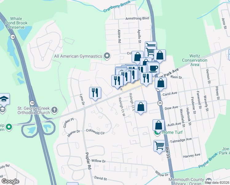 map of restaurants, bars, coffee shops, grocery stores, and more near 905 West Park Avenue in Monmouth County