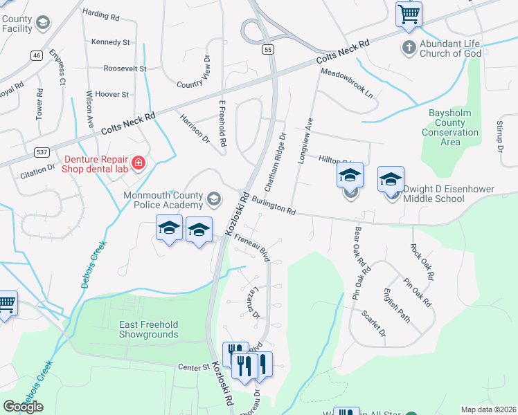 map of restaurants, bars, coffee shops, grocery stores, and more near 11 Alcott Court in Freehold