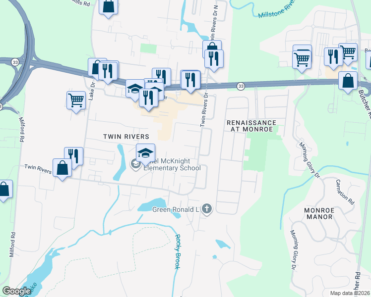 map of restaurants, bars, coffee shops, grocery stores, and more near 451 Livingston Drive in East Windsor