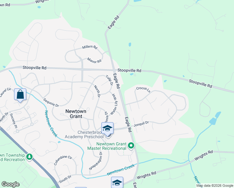 map of restaurants, bars, coffee shops, grocery stores, and more near 20 Water Lily Way in Newtown
