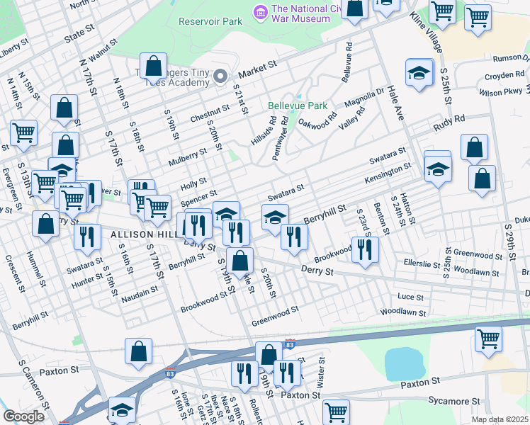 map of restaurants, bars, coffee shops, grocery stores, and more near 2030 Kensington Street in Harrisburg