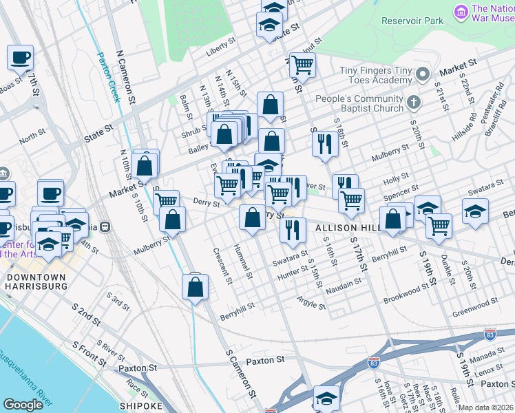 map of restaurants, bars, coffee shops, grocery stores, and more near 1334 Derry Street in Harrisburg