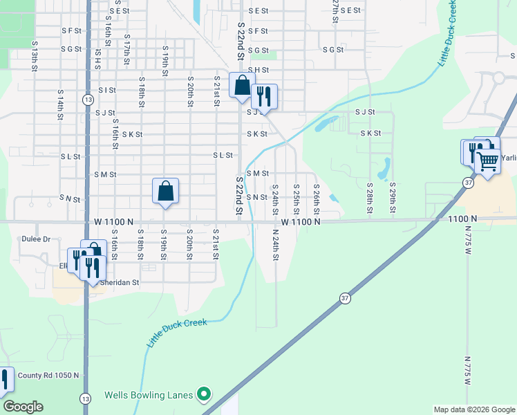 map of restaurants, bars, coffee shops, grocery stores, and more near 1511 South 23rd Street in Elwood