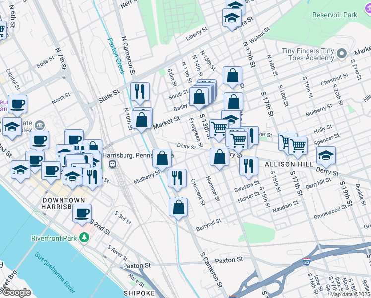 map of restaurants, bars, coffee shops, grocery stores, and more near 1163 Derry Street in Harrisburg