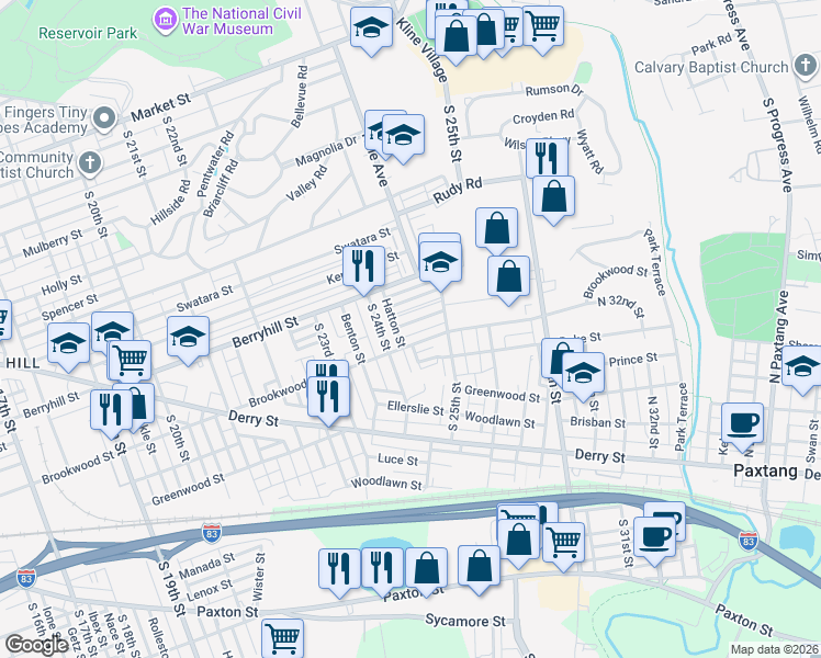 map of restaurants, bars, coffee shops, grocery stores, and more near 535 South 24th Street in Harrisburg