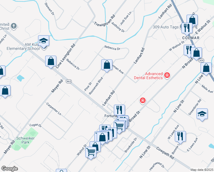 map of restaurants, bars, coffee shops, grocery stores, and more near 2042 Lenhart Road in Hatfield