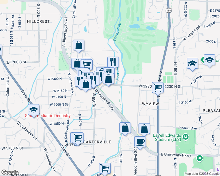 map of restaurants, bars, coffee shops, grocery stores, and more near 7 West 2230 North in Provo