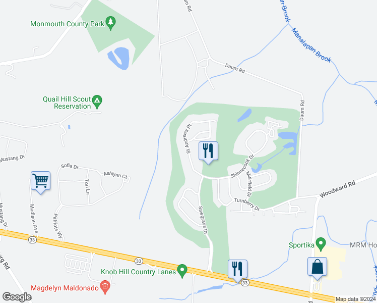 map of restaurants, bars, coffee shops, grocery stores, and more near 635 Saint Andrews Place in Englishtown