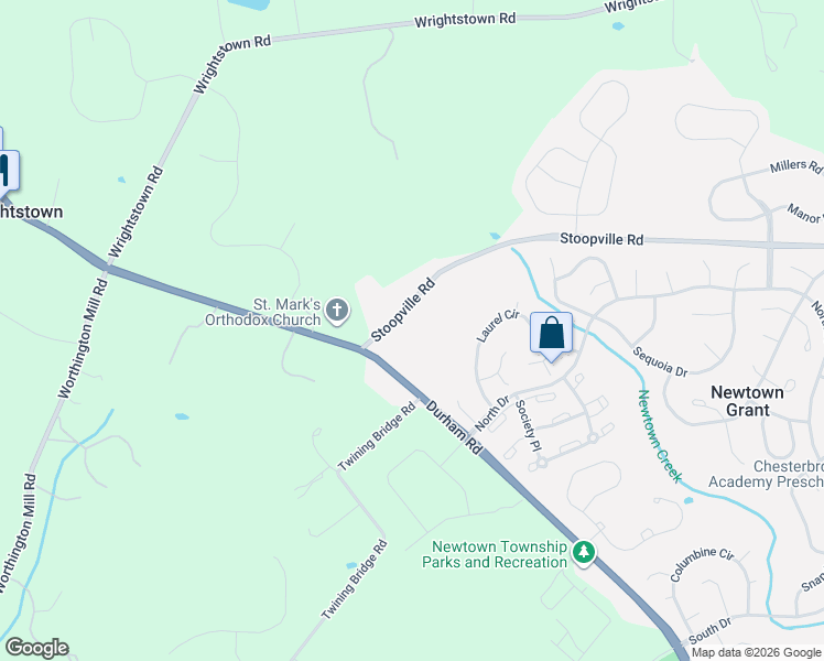 map of restaurants, bars, coffee shops, grocery stores, and more near 11 Stoopville Road in Newtown