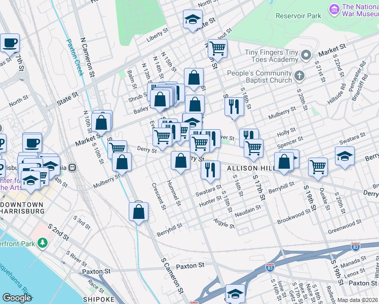 map of restaurants, bars, coffee shops, grocery stores, and more near 1334 Derry Street in Harrisburg