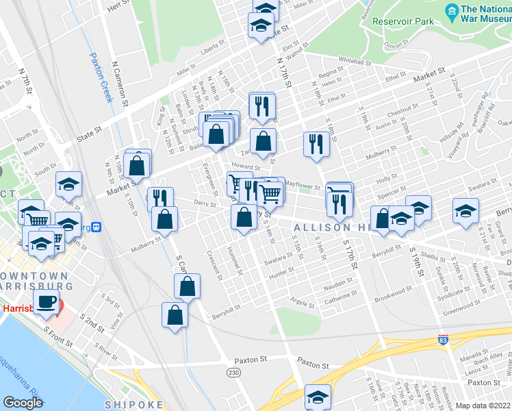 map of restaurants, bars, coffee shops, grocery stores, and more near 1330 Derry Street in Harrisburg