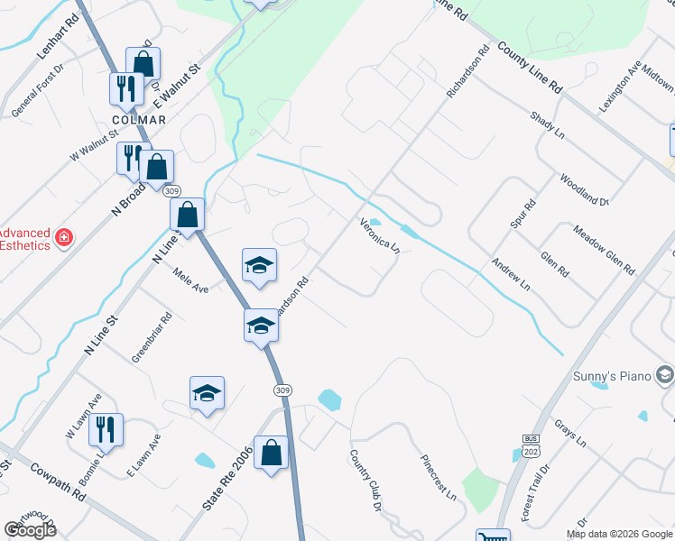 map of restaurants, bars, coffee shops, grocery stores, and more near 103 Veronica Lane in Lansdale