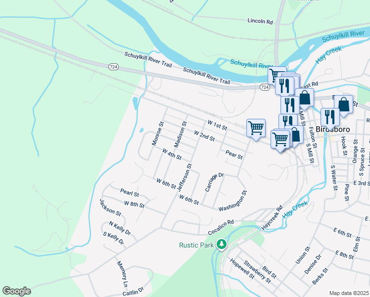 map of restaurants, bars, coffee shops, grocery stores, and more near 515 West 4th Street in Birdsboro