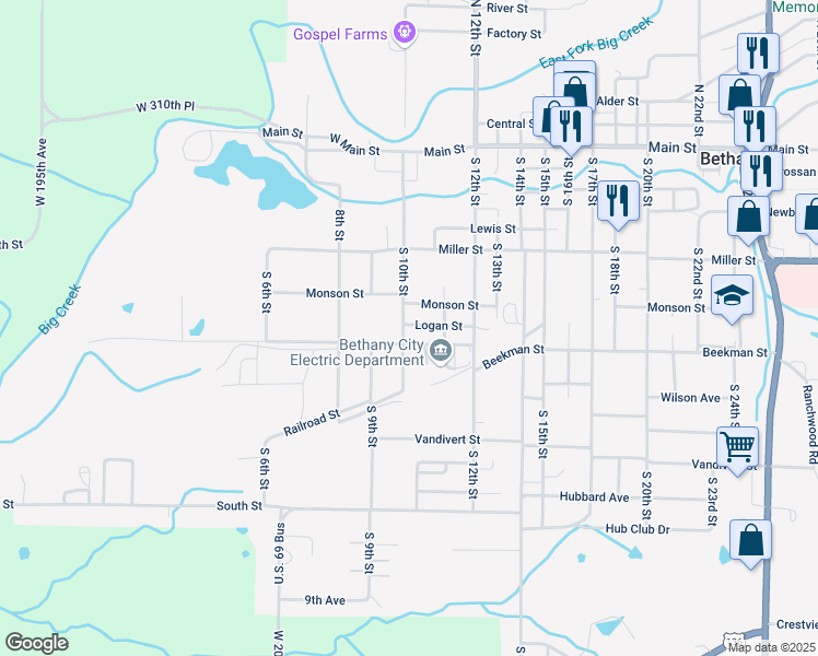 map of restaurants, bars, coffee shops, grocery stores, and more near 711 South 10th Street in Bethany