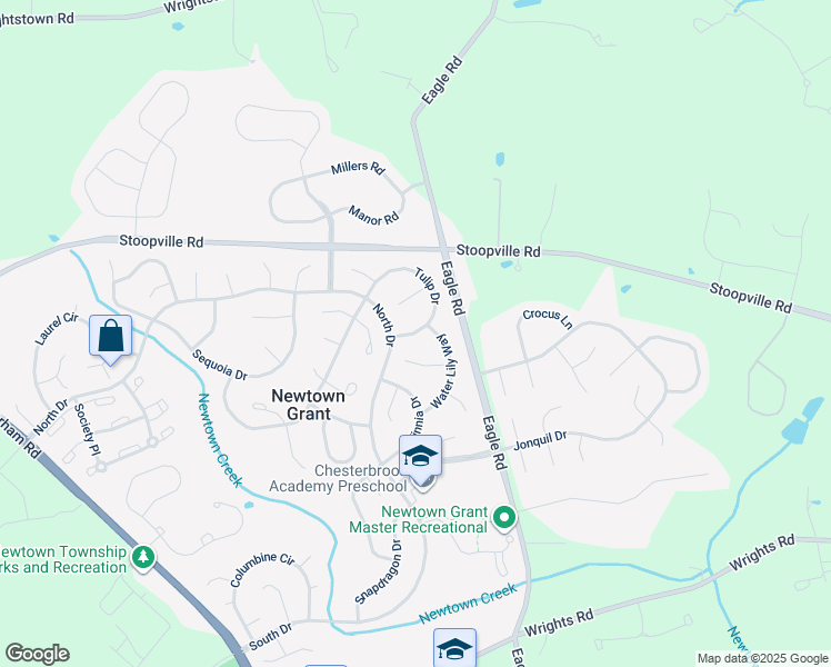 map of restaurants, bars, coffee shops, grocery stores, and more near 6 Tulip Drive in Newtown