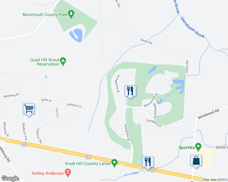map of restaurants, bars, coffee shops, grocery stores, and more near 650 Saint Andrews Place in Manalapan Township