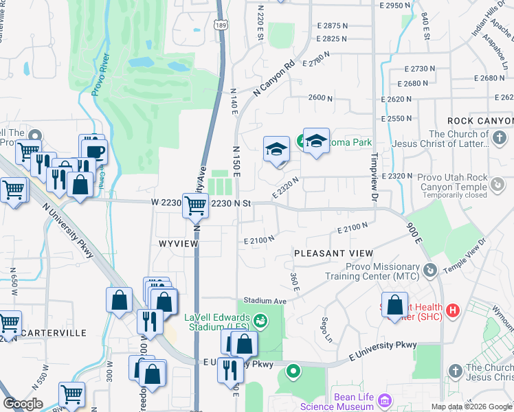 map of restaurants, bars, coffee shops, grocery stores, and more near 2224 North 200 East Street in Provo