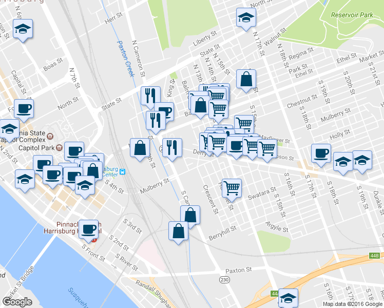 map of restaurants, bars, coffee shops, grocery stores, and more near 1147 Derry Street in Harrisburg