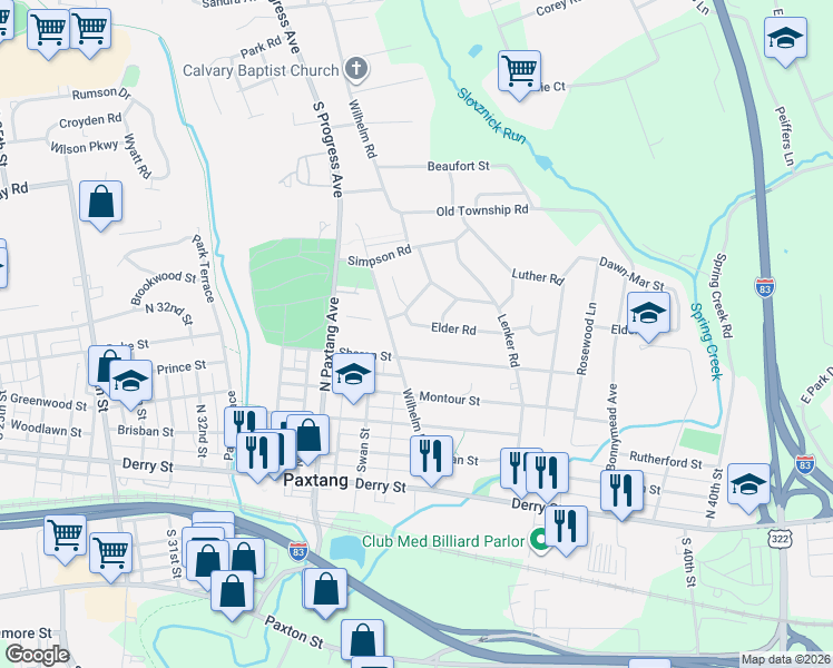 map of restaurants, bars, coffee shops, grocery stores, and more near 3700 Sharon Street in Harrisburg