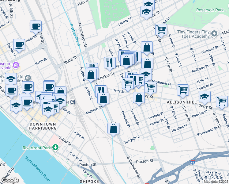 map of restaurants, bars, coffee shops, grocery stores, and more near 1147 Derry Street in Harrisburg