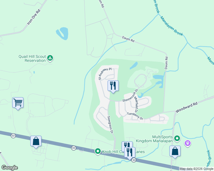 map of restaurants, bars, coffee shops, grocery stores, and more near 327 Saint Andrews Place in Manalapan Township
