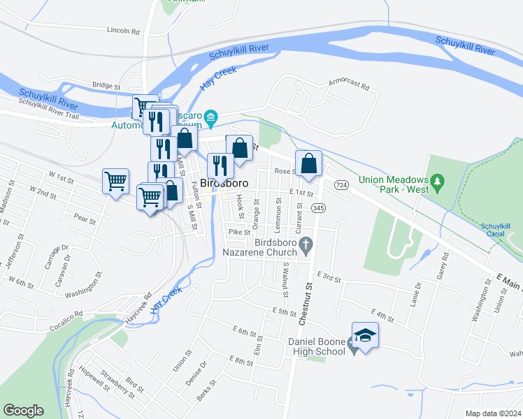 map of restaurants, bars, coffee shops, grocery stores, and more near 132 South Spruce Street in Birdsboro