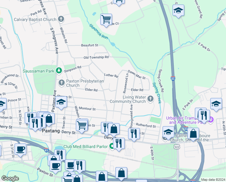 map of restaurants, bars, coffee shops, grocery stores, and more near 3786 Lenker Place in Harrisburg