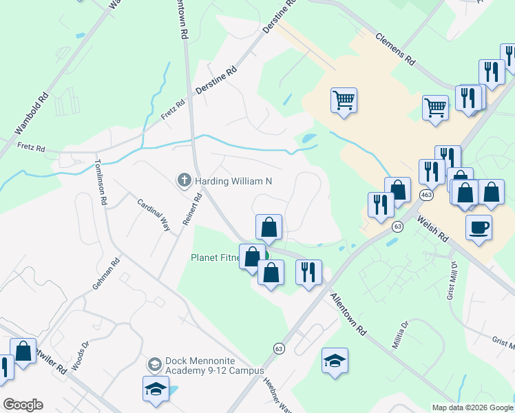 map of restaurants, bars, coffee shops, grocery stores, and more near 3010 Bainbridge Drive in Lansdale