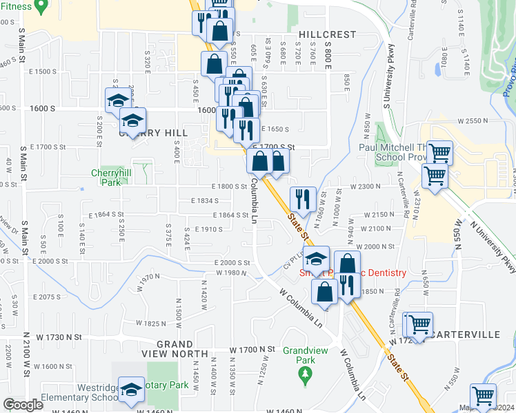 map of restaurants, bars, coffee shops, grocery stores, and more near 1854 South Columbia Lane in Orem