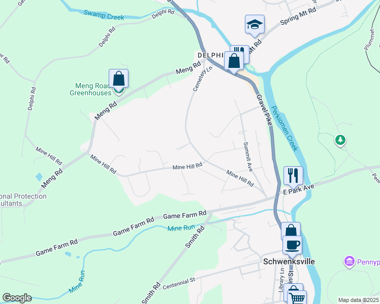 map of restaurants, bars, coffee shops, grocery stores, and more near 5 Mine Hill Road in Schwenksville
