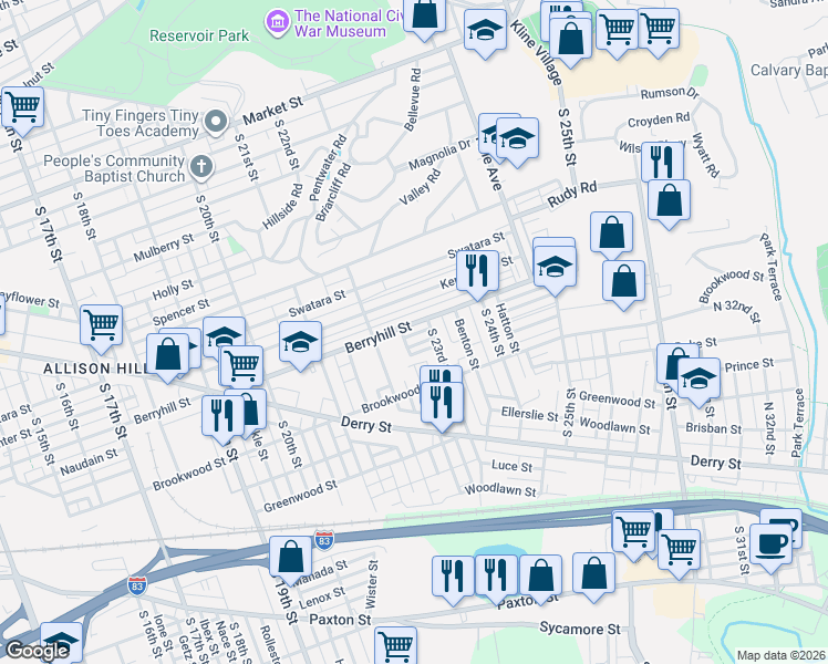 map of restaurants, bars, coffee shops, grocery stores, and more near 2261 Mercer Street in Harrisburg