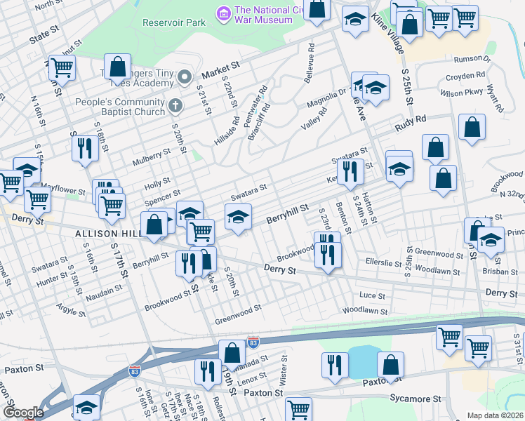 map of restaurants, bars, coffee shops, grocery stores, and more near 2142 Berryhill Street in Harrisburg