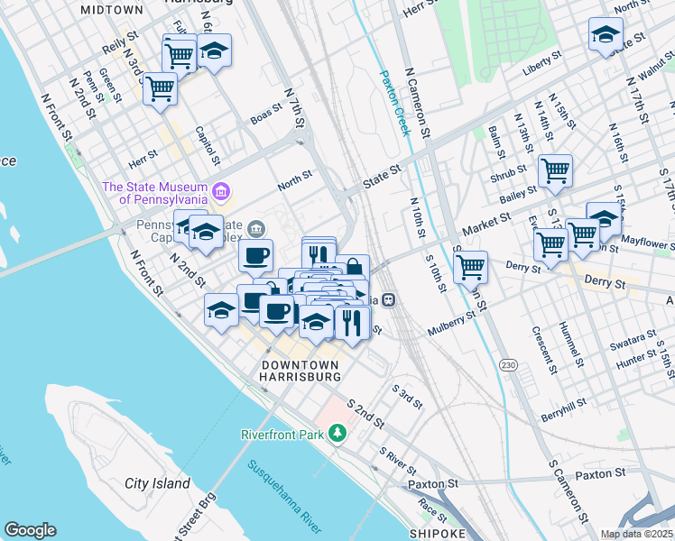 map of restaurants, bars, coffee shops, grocery stores, and more near 438 Market Street in Harrisburg