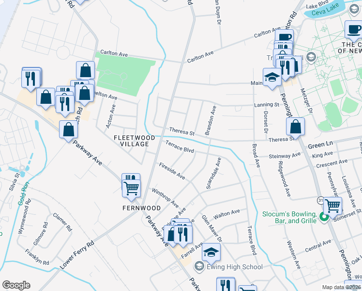 map of restaurants, bars, coffee shops, grocery stores, and more near 1063 Terrace Boulevard in Ewing Township